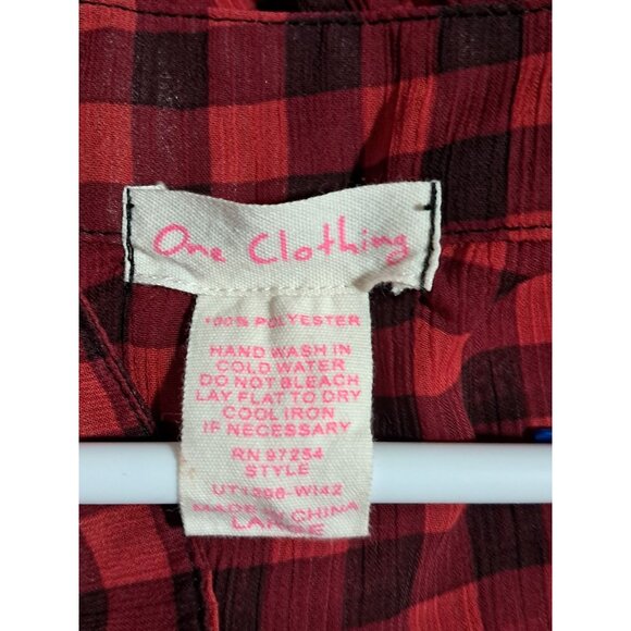 Y2K Red & Black Checkered Sheer Ruffle Blouse Short Sleeve Button Front Elastic - Picture 2 of 5